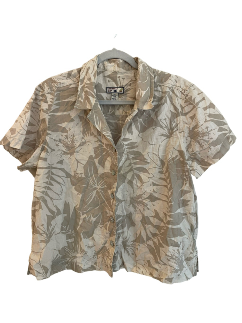 Vintage Caribbean Joe Hawaiian Shirt Women’s PXL Petite XL Beige Floral Cotton
